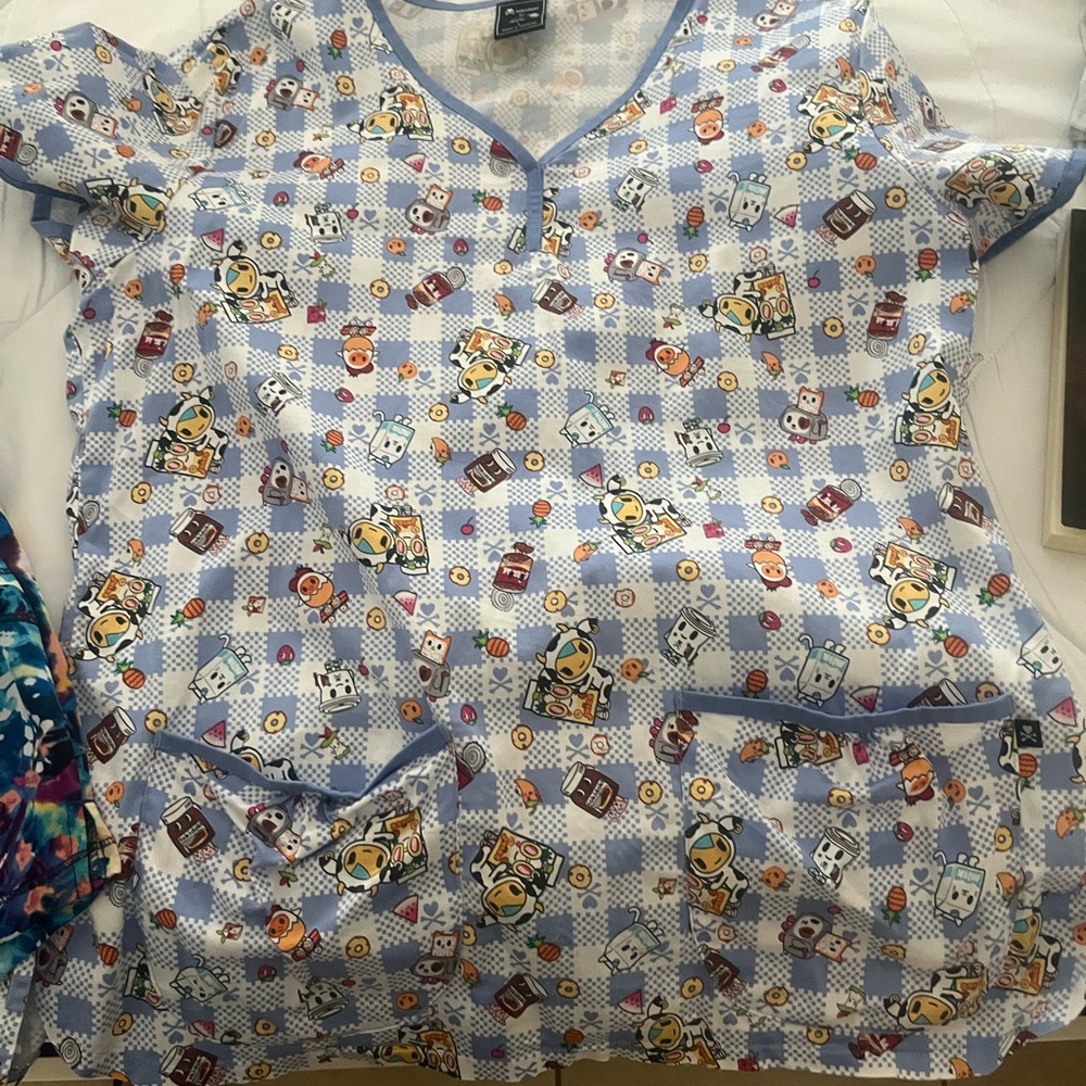 Colorful Cartoon Print Scrub Top